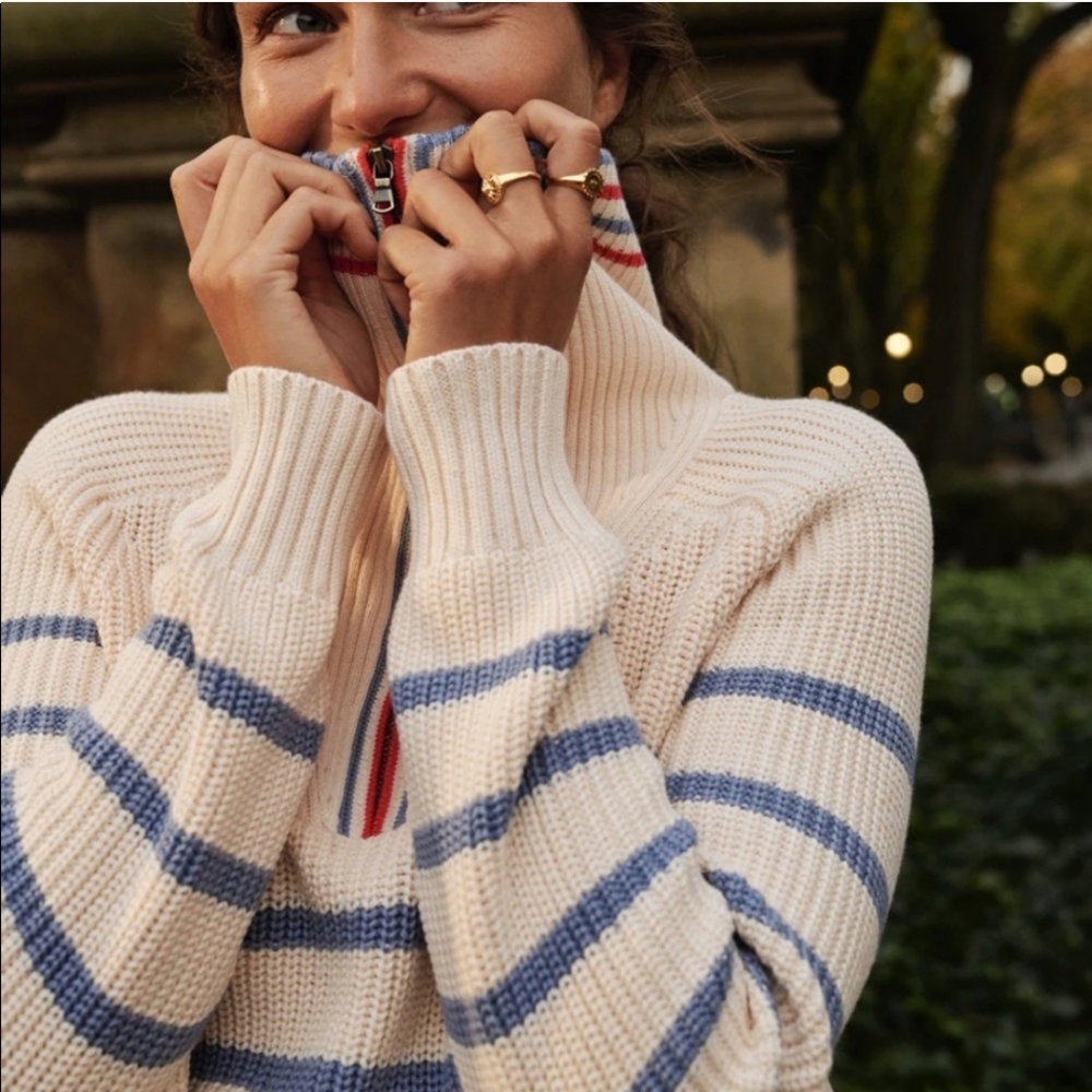 J. Crew XS Cream Blue Pink Cashmere Ribbed Pullover Striped Half Zip Up Sweater